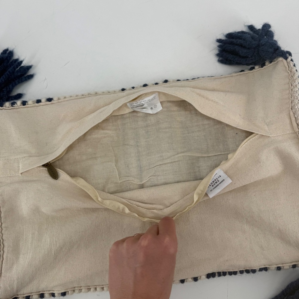 Magnolia Home Joanna Gaines Tufted Wool Navy Cream Textured Tassel Pillow Cover - Picture 6 of 7